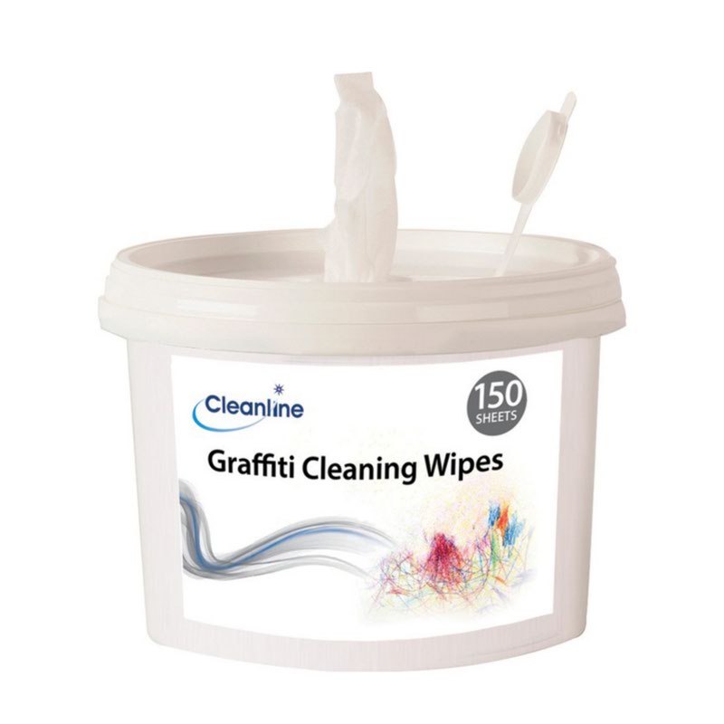 Container of Graffiti Cleaning Wipes with 'Cleanline' branding on a white background