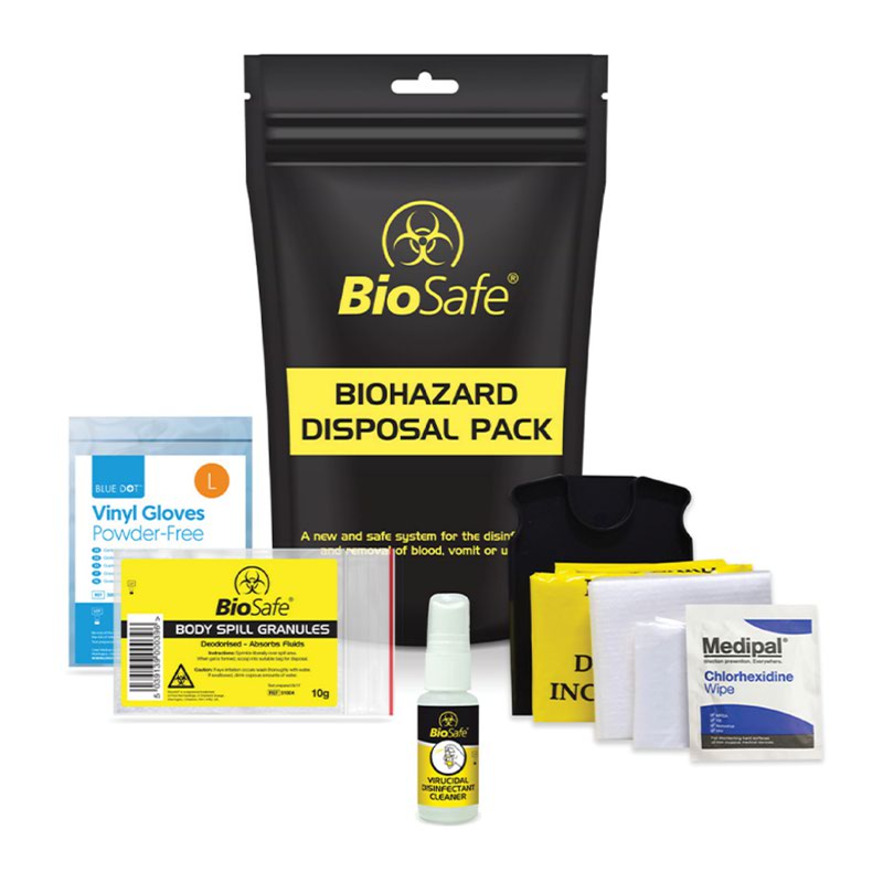 BioSafe biohazard disposal pack with various safety products on a white background
