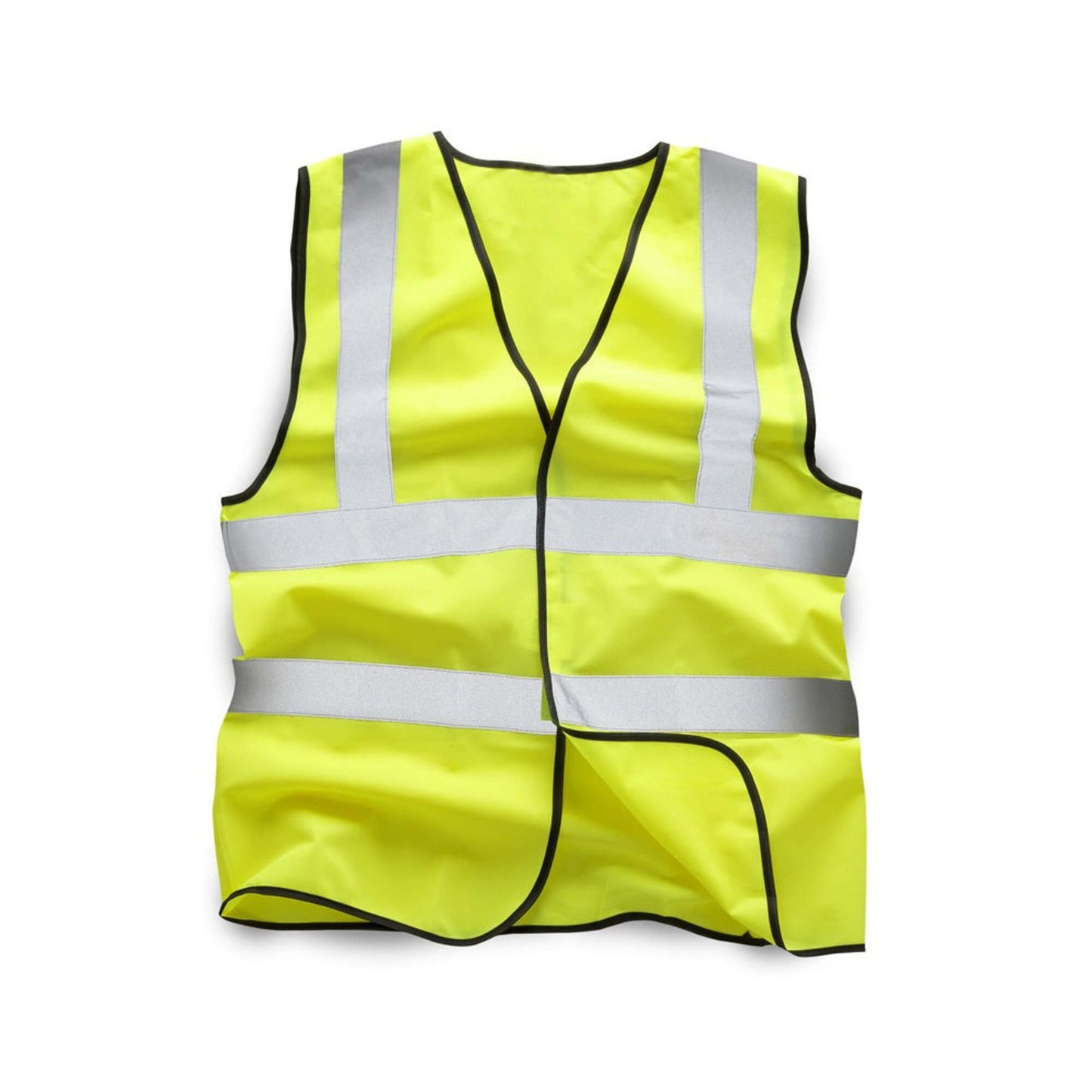 Yellow safety vest with reflective stripes on a white background