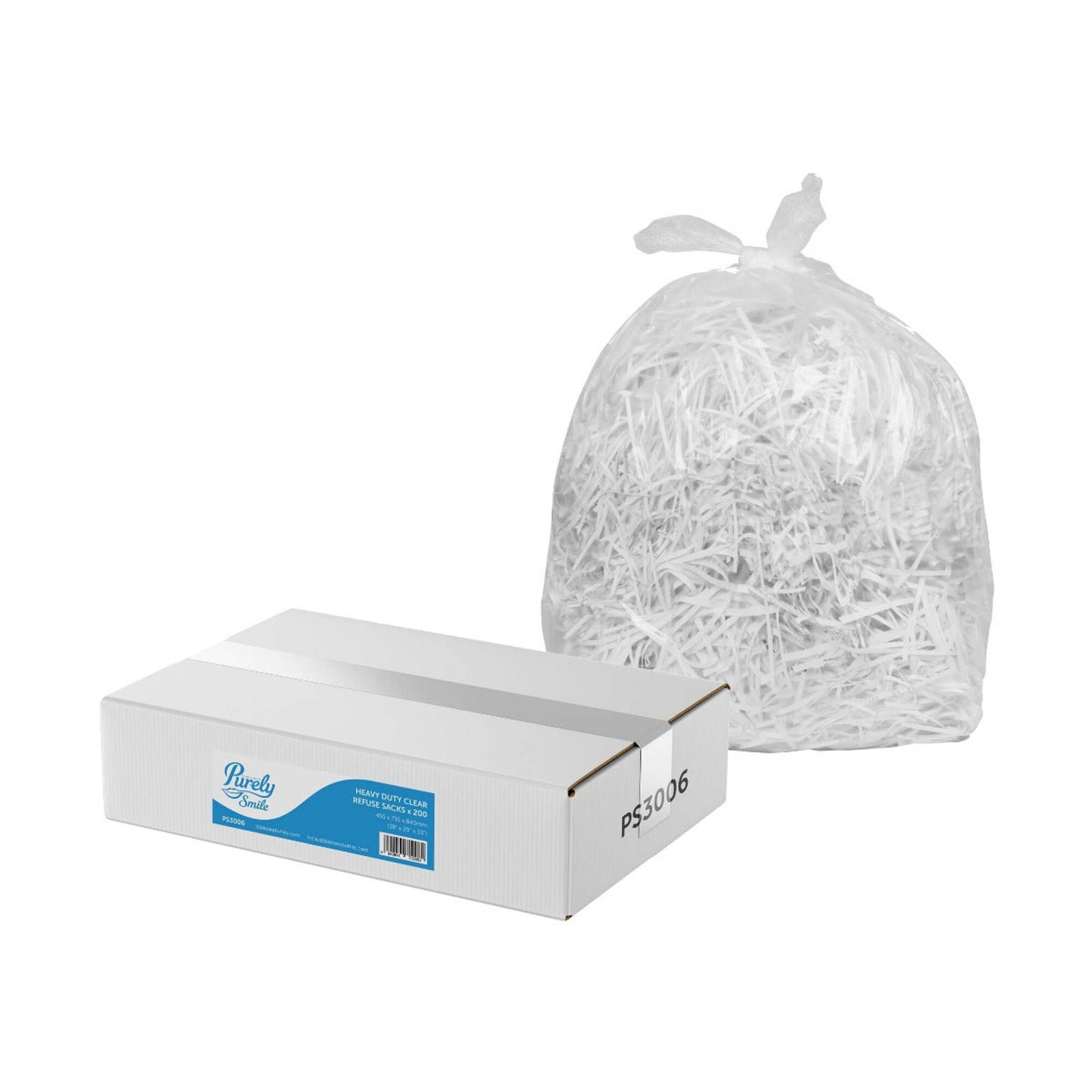 Box of paper shreds with a clear bag containing more paper shreds on a white background