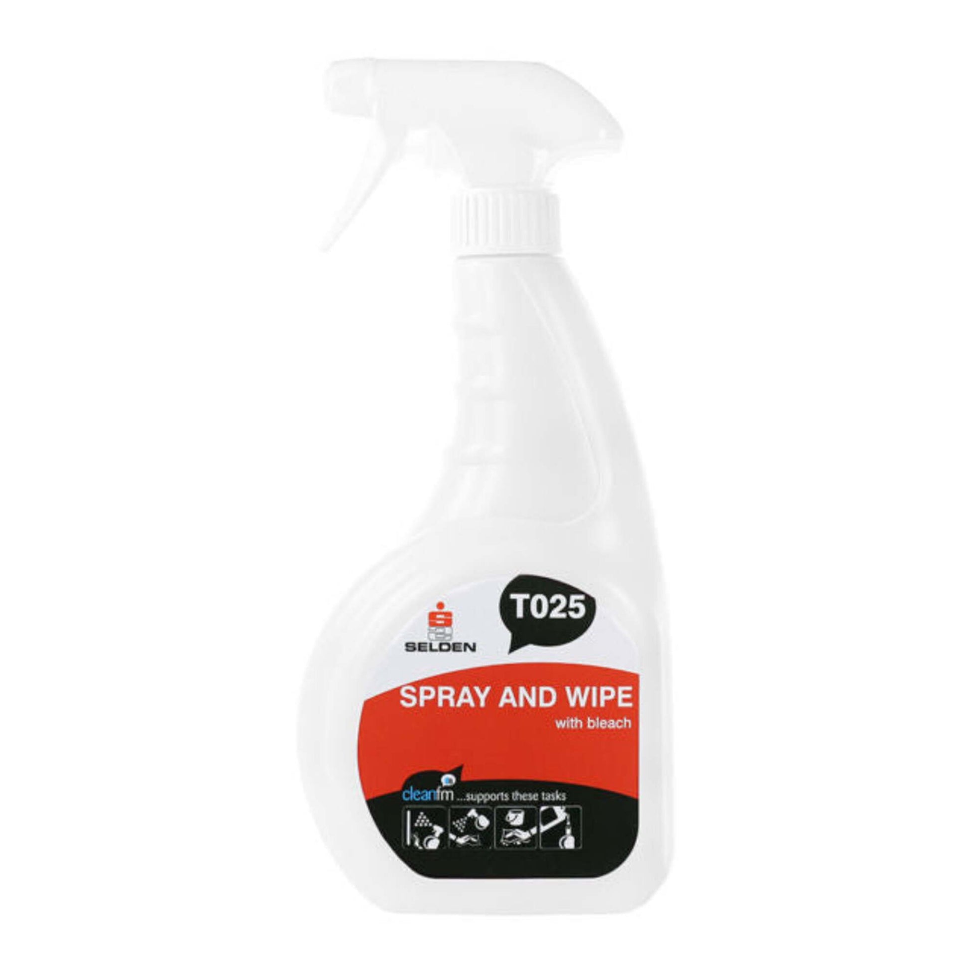 White spray bottle with red and black label on a white background