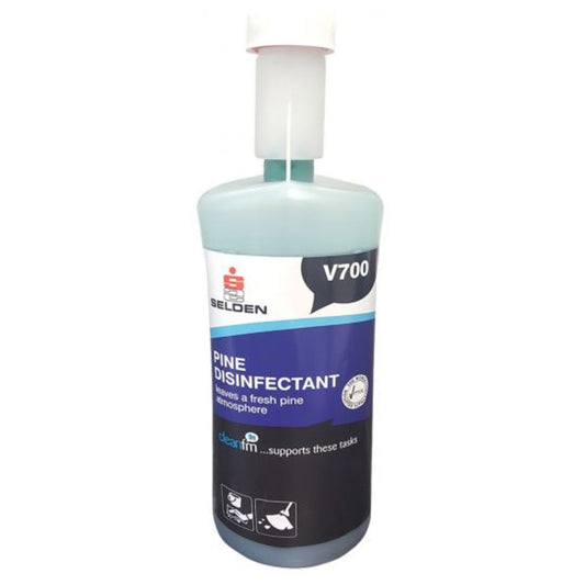 Bottle of Selden V700 Pine Disinfectant on a white background