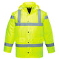 High-visibility yellow jacket with reflective stripes on a white background