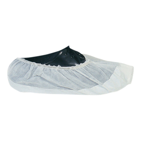 White shoe cover over a black shoe on a white background