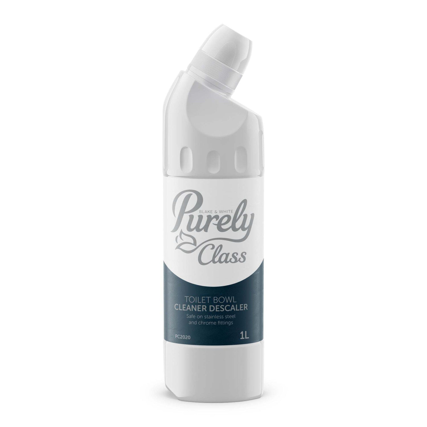 White bottle of Purely Class toilet bowl cleaner on a white background