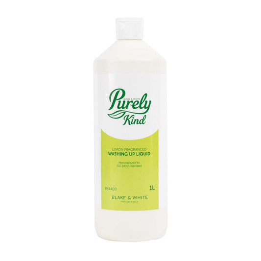 Bottle of Purely Kind lemon fragranced washing up liquid on a white background