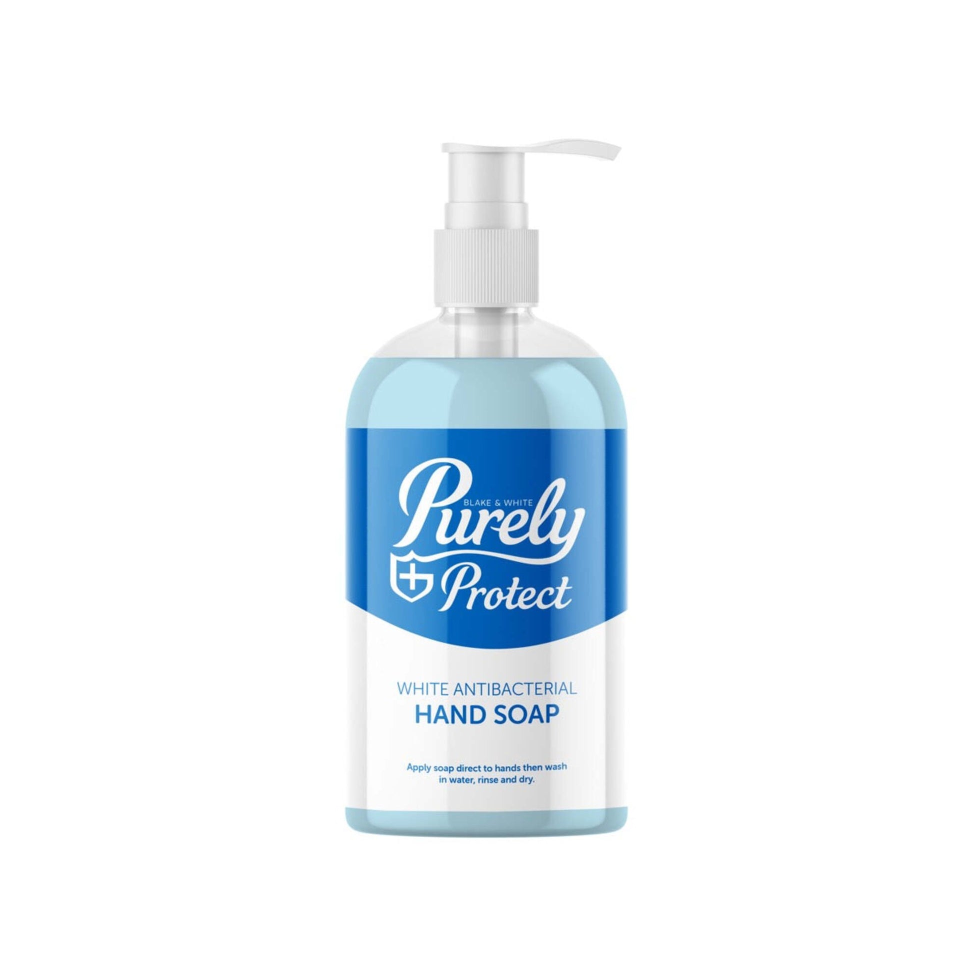 Purely Protect hand soap bottle on a white background