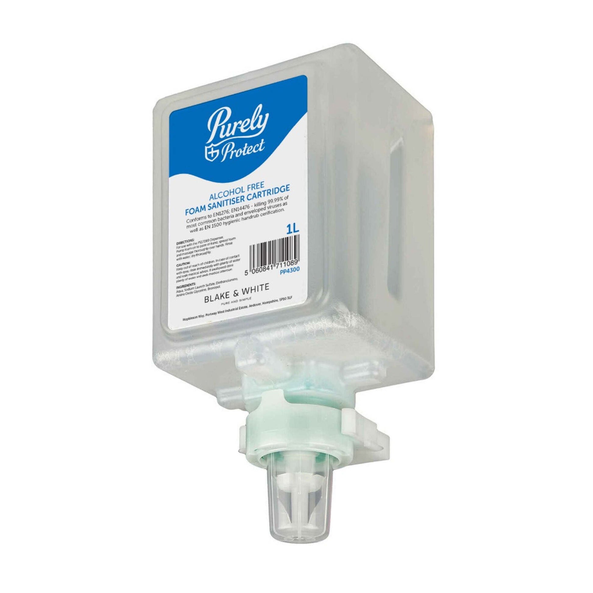Foam sanitizer carton with 'Purely Protect' branding on a white background
