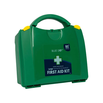 Green first aid kit with 'Blue Dot' branding on a white background