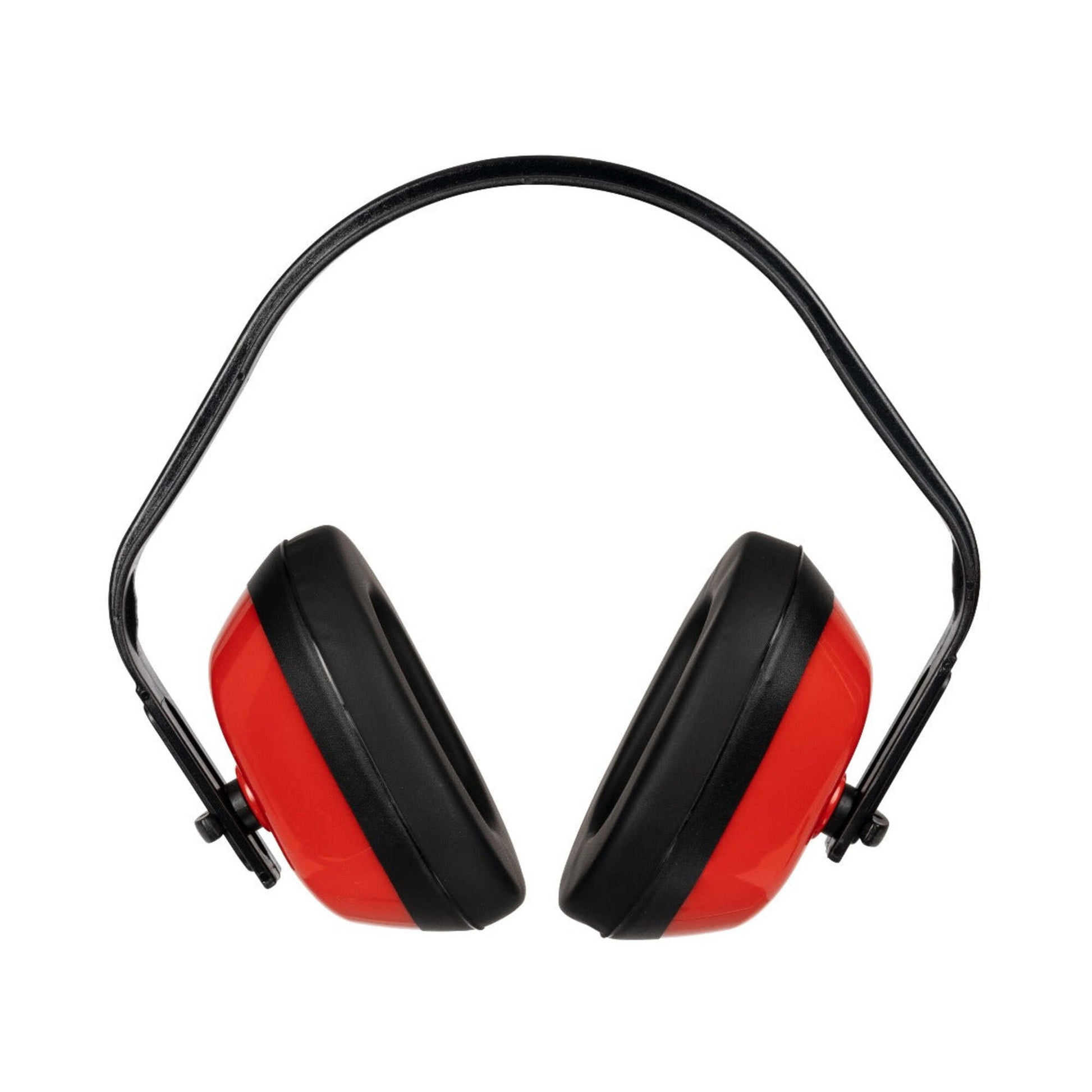 Red and black ear protectors on a white background