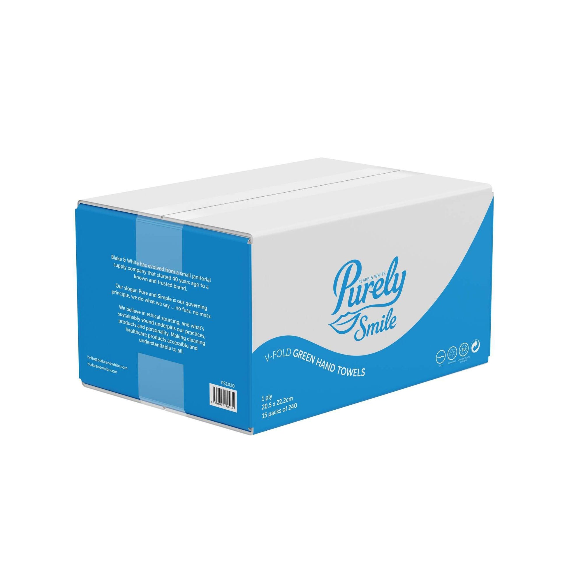 Box of Purely Smile green hand towels on a white background