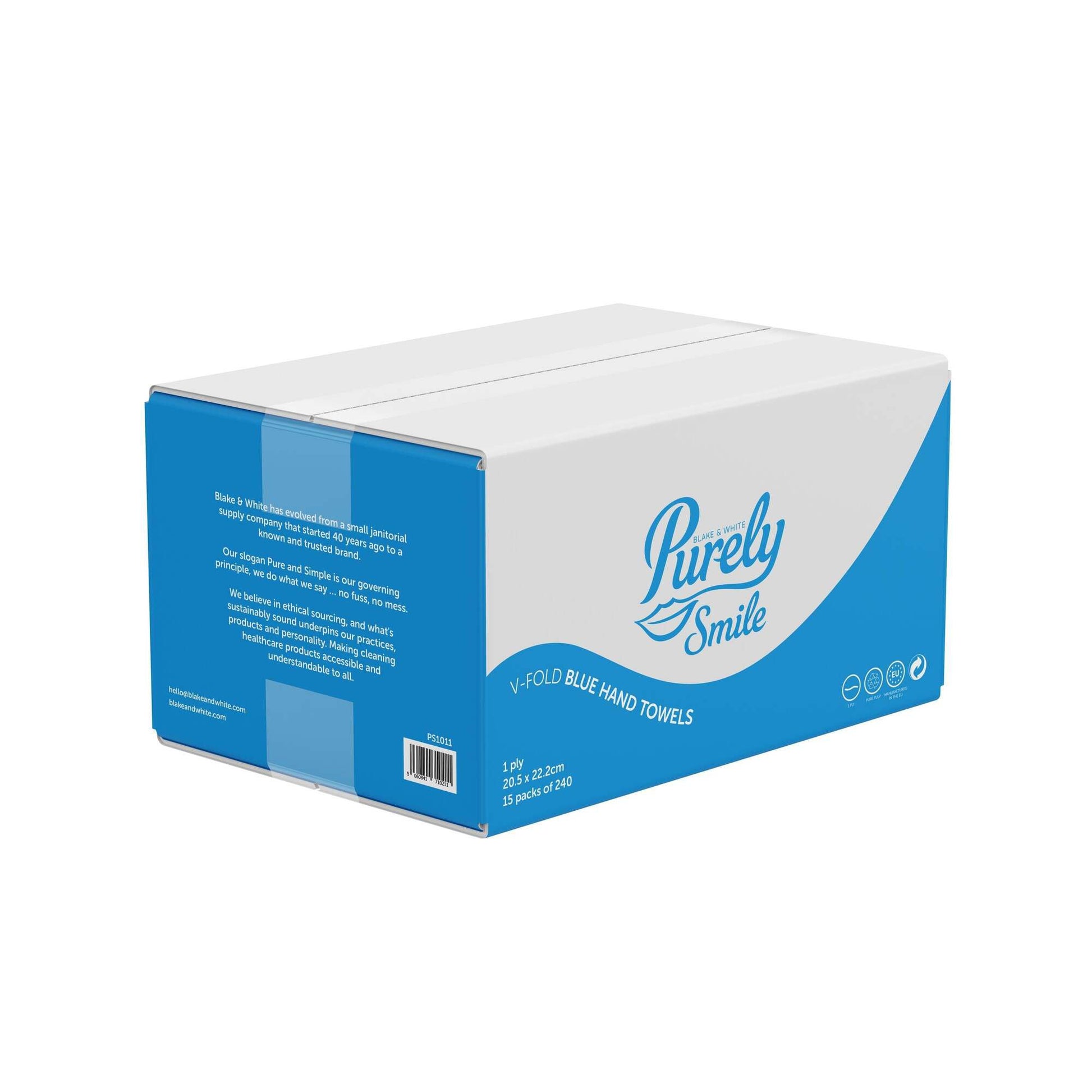 Box of Purely Smile blue hand towels on a white background