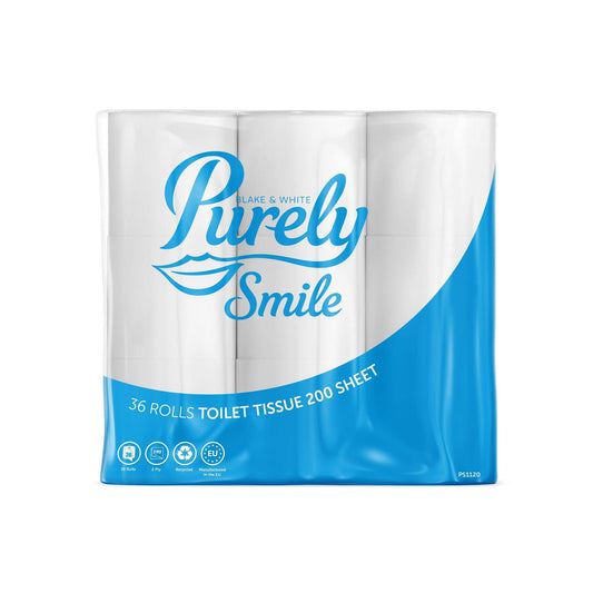 Pack of Purely Smile toilet tissue with blue and white design