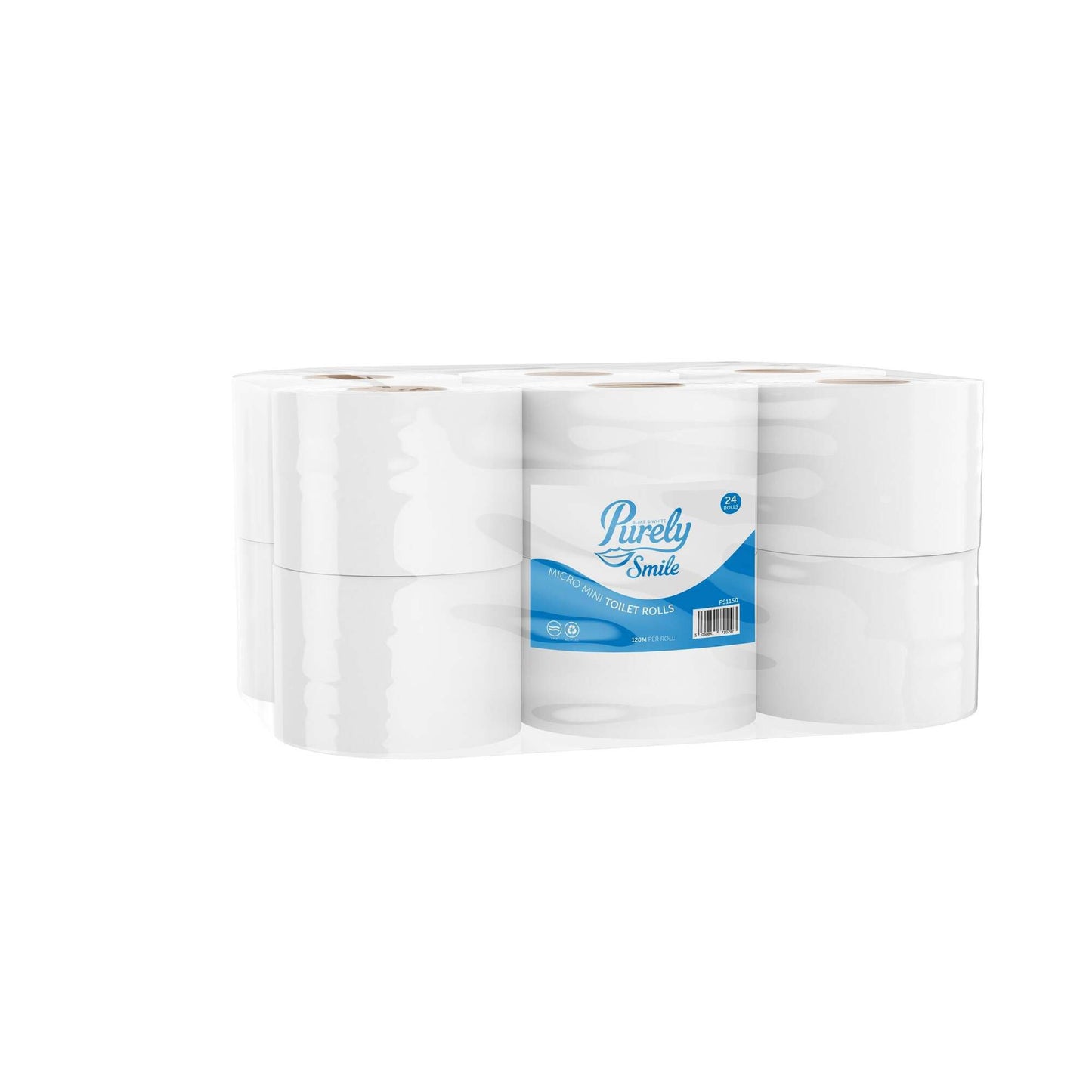 Pack of toilet paper rolls with a visible brand label on a white background