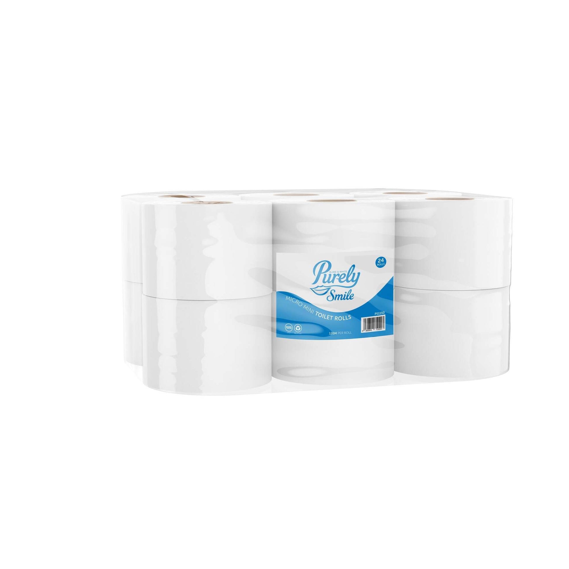Pack of toilet paper rolls with a visible brand label on a white background