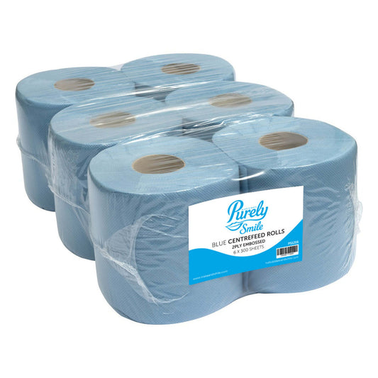 Four rolls of blue paper towels with a Purely Smile label on a white background
