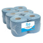 Four rolls of blue paper towels with a Purely Smile label on a white background