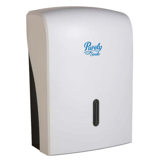 White paper towel dispenser with 'Purely Smile' branding on a white background