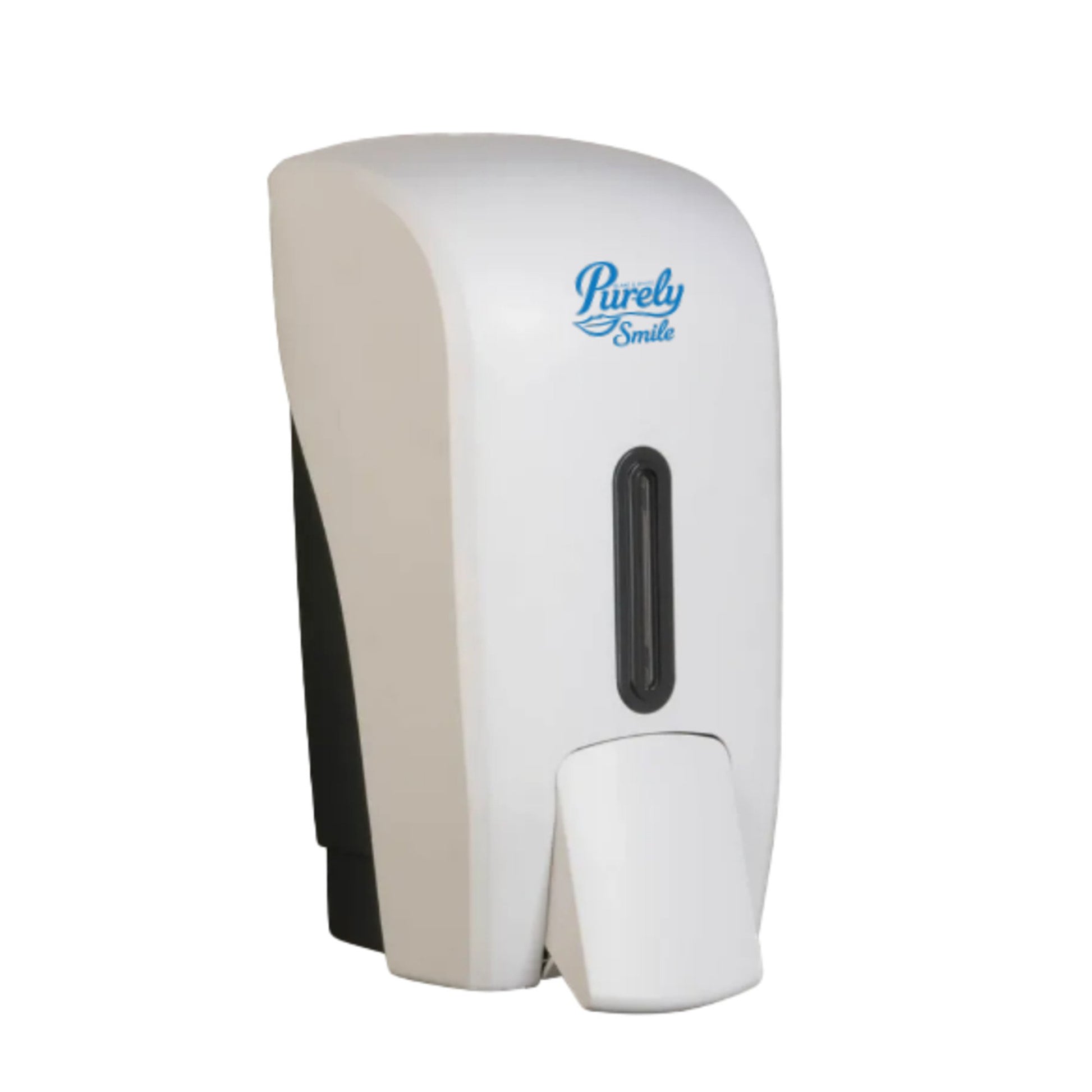 White and beige soap dispenser with 'Purely Smile' branding on a white background