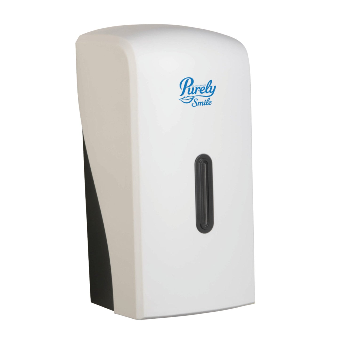 White and black soap dispenser with 'Purely Smile' branding on a white background