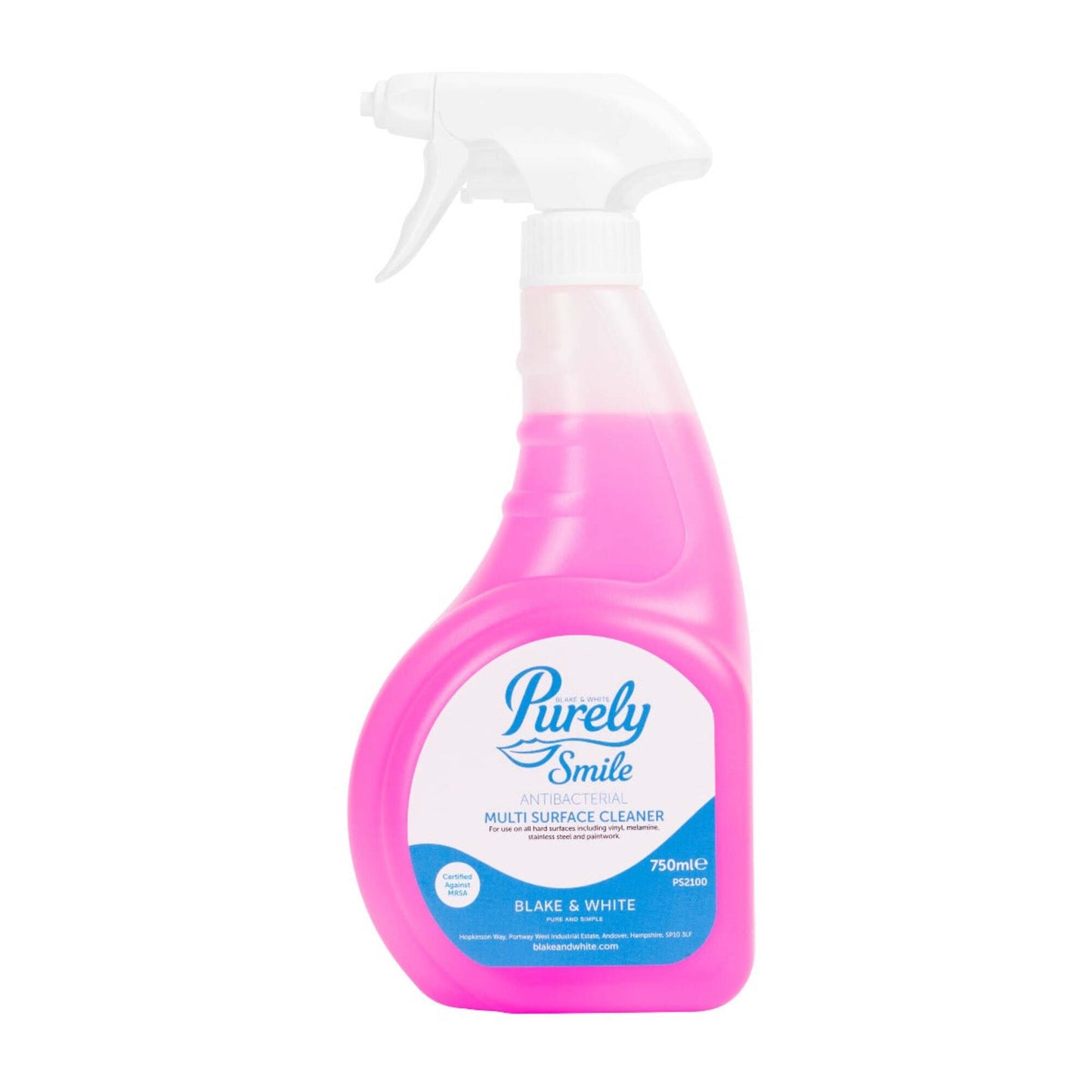 Pink spray bottle of 'Purely Smile' multi-surface cleaner on a white background