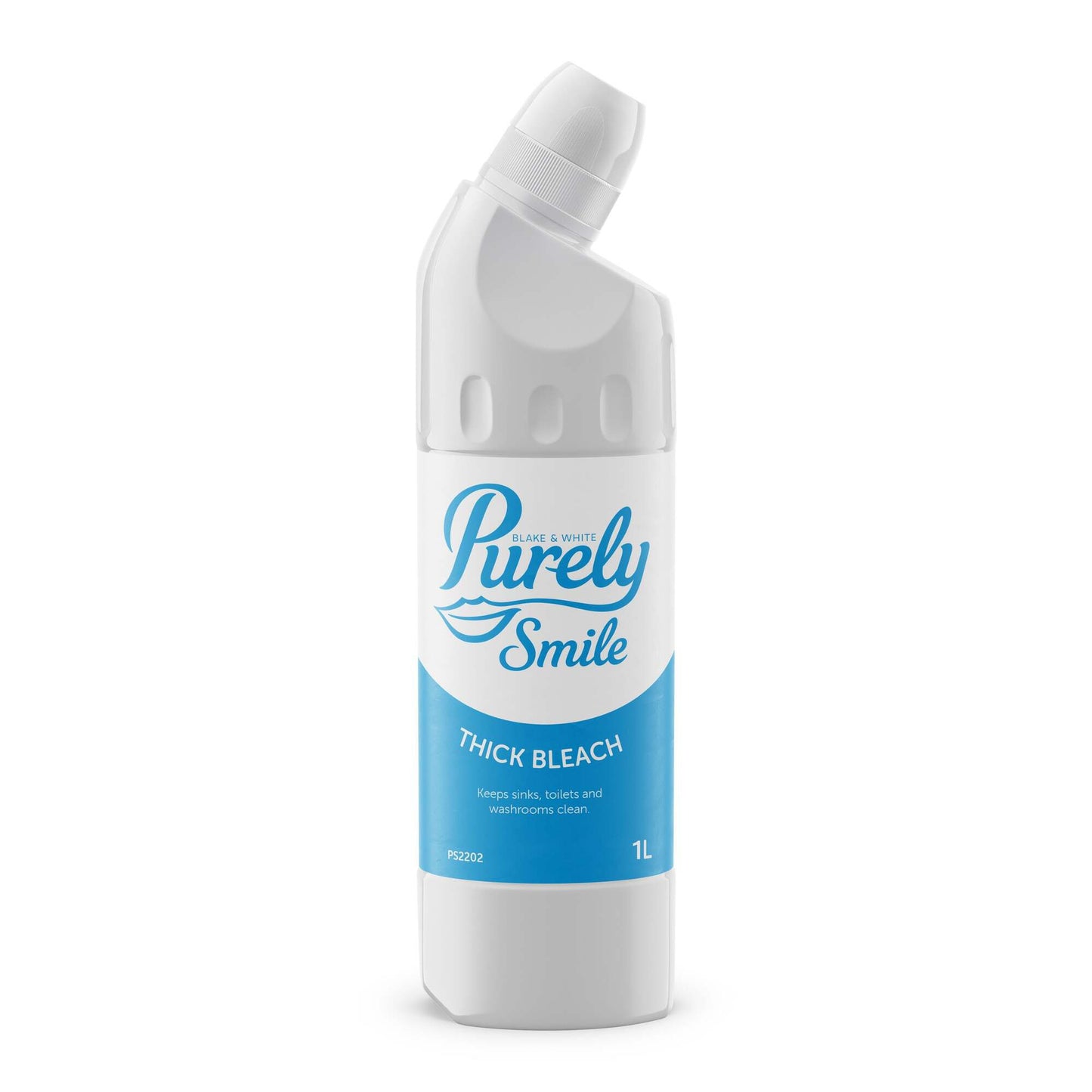 White bottle of 'Purely Smile Thick Bleach' on a white background
