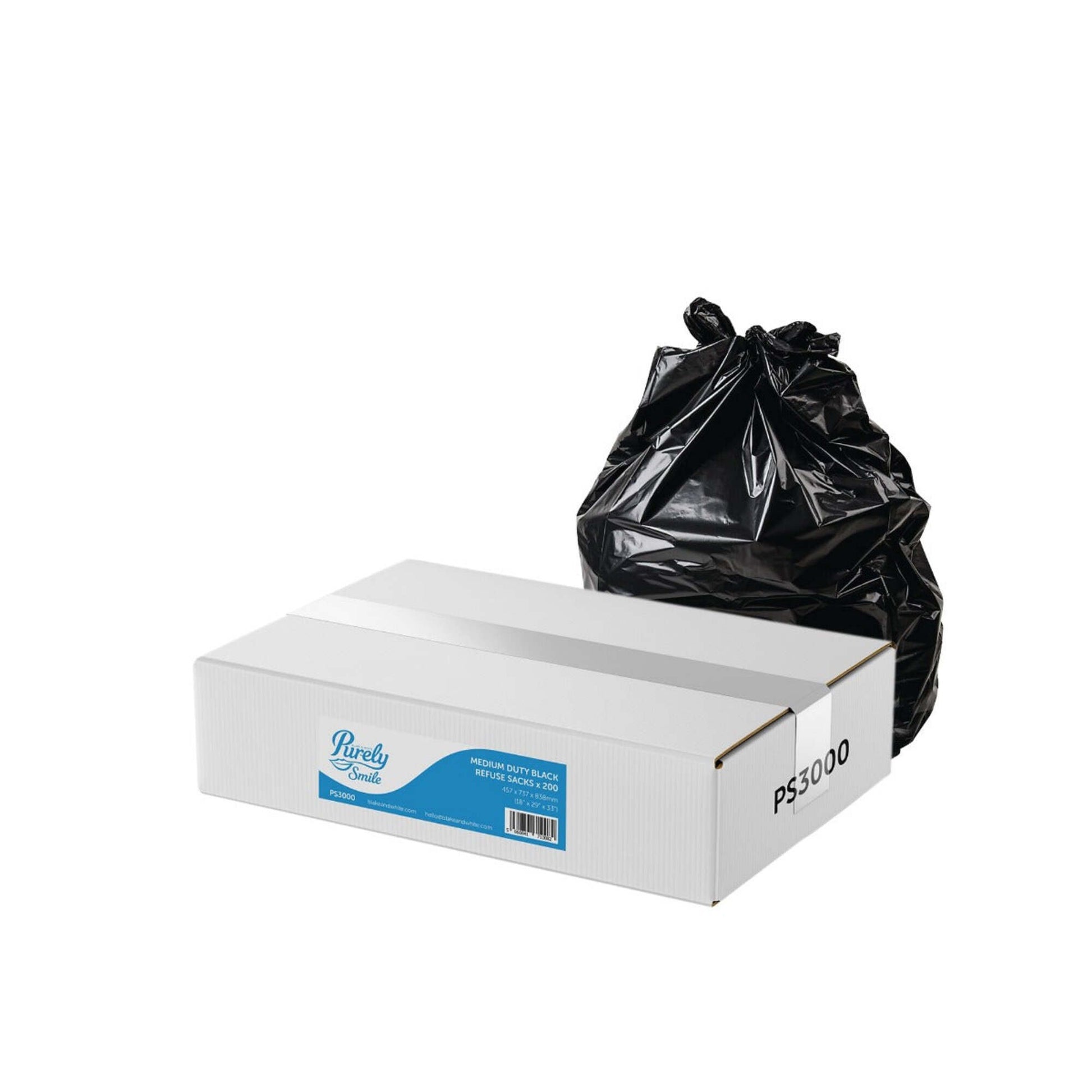 Box of black trash bags with a visible brand label on a white background