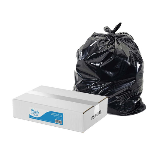 Black trash bag and a white box with a brand label on a white background