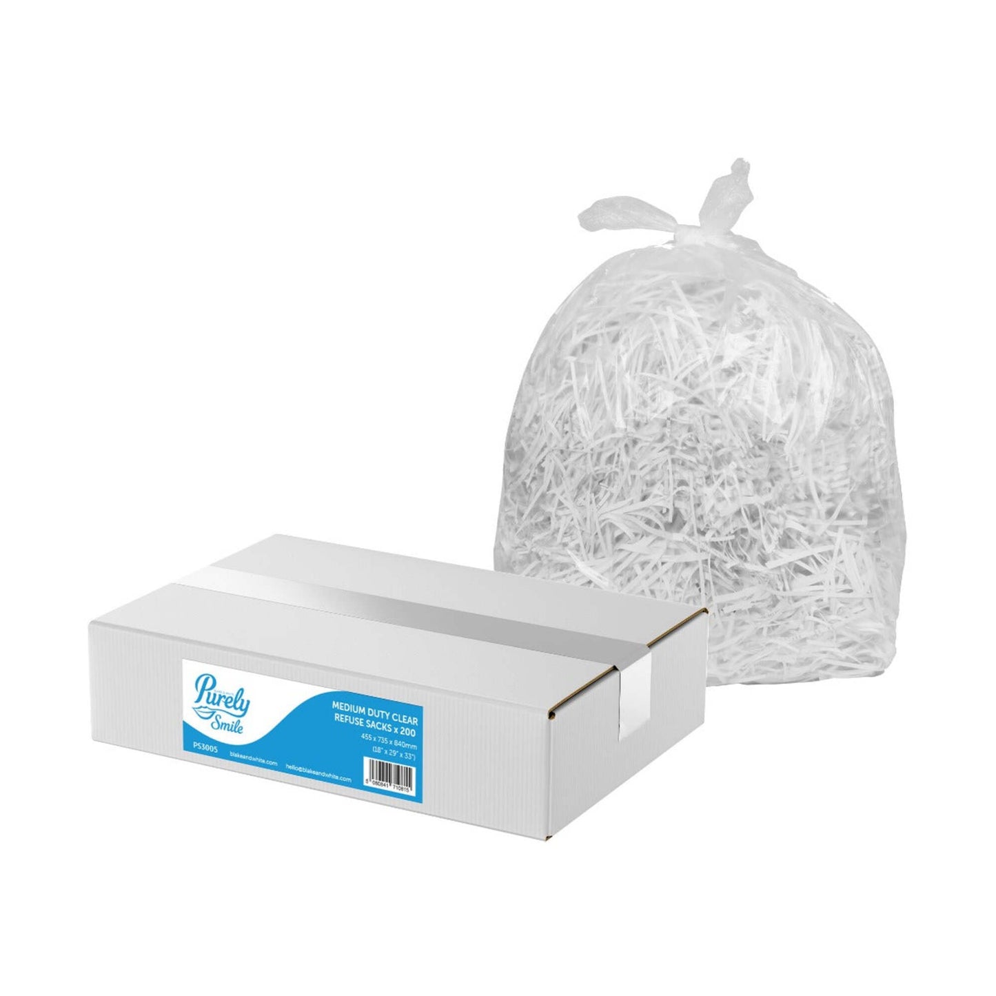 Box of Purely Yours shredded paper with a bag of white shredded paper on a white background