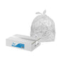 Box of paper shreds with a clear bag containing more paper shreds on a white background