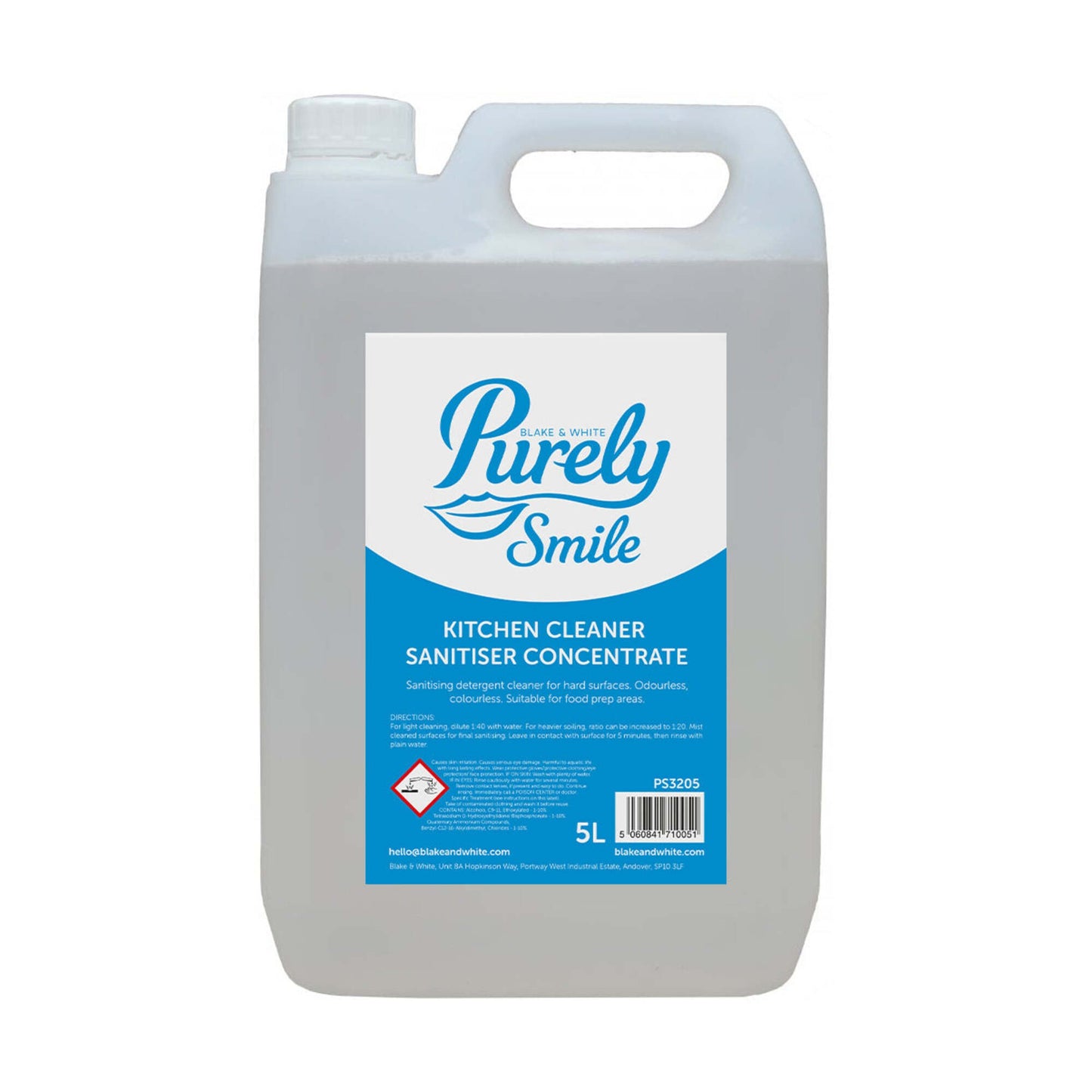 5-liter container of Purely Smile kitchen cleaner sanitiser concentrate on a white background