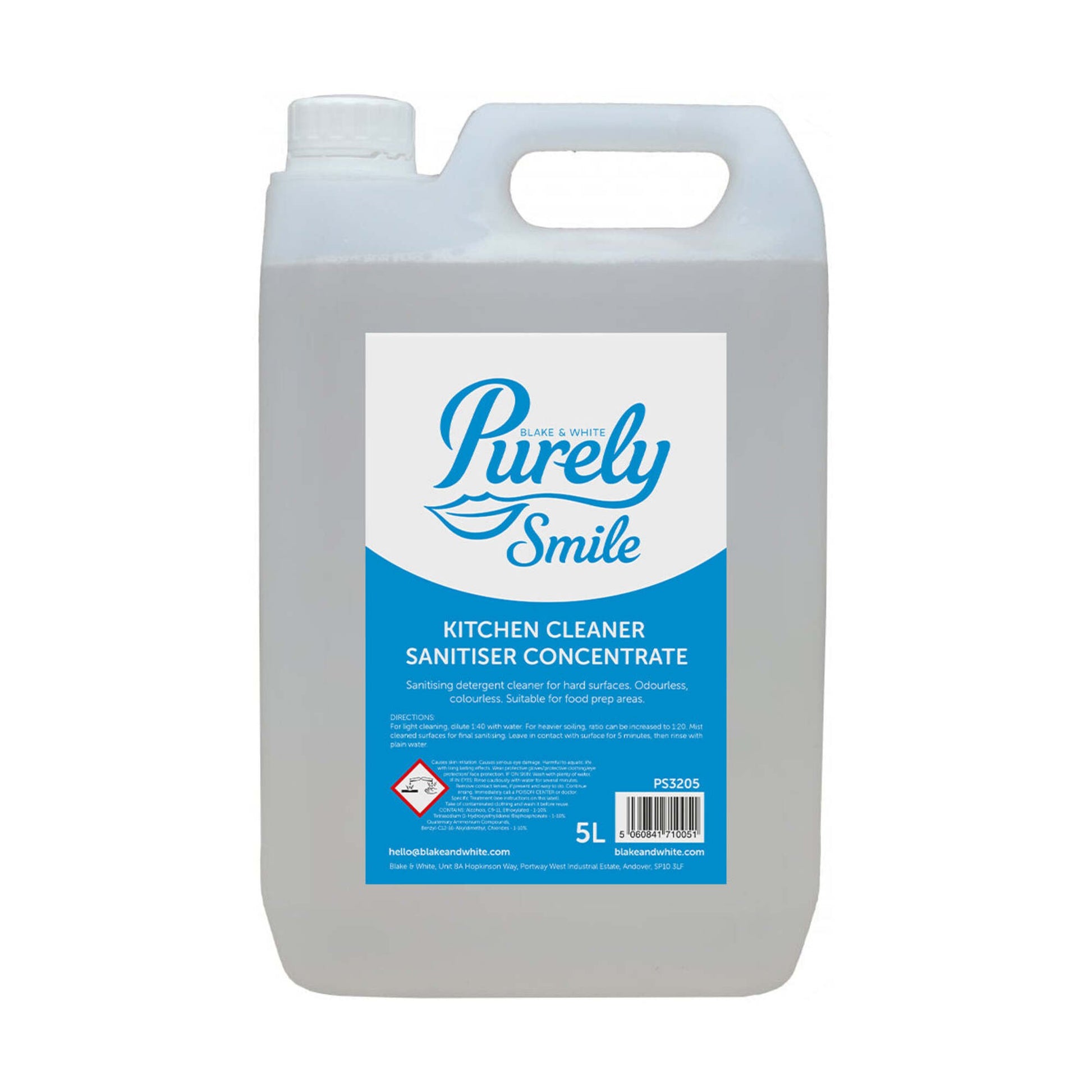 5-liter container of Purely Smile kitchen cleaner sanitiser concentrate on a white background