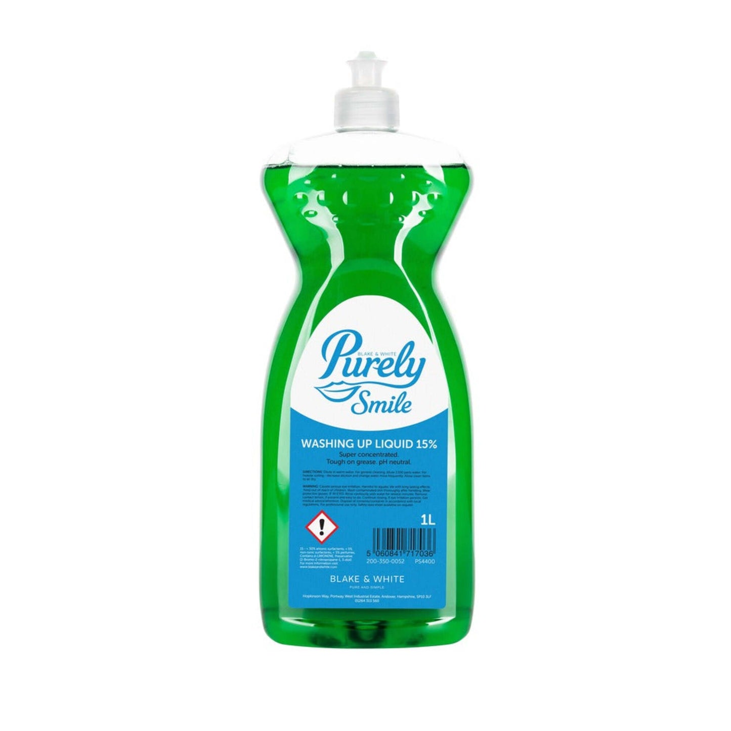 Green bottle of Purely Smile washing-up liquid on a white background