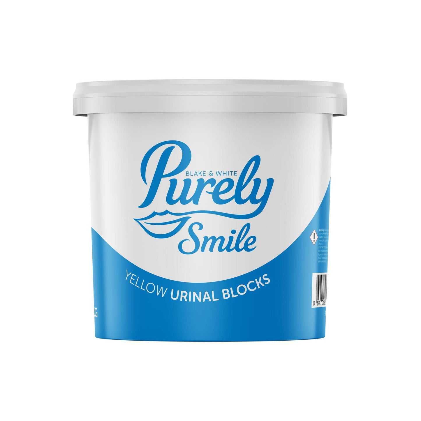 Container of Purely Smile yellow urinal blocks on a white background