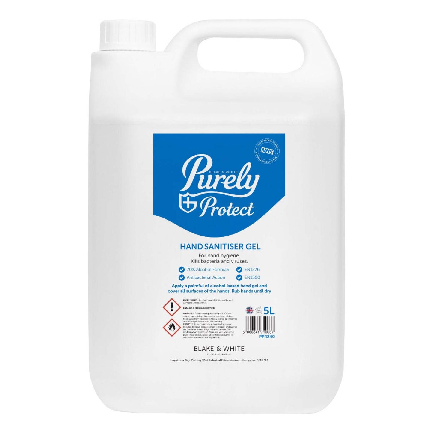 5-liter container of Purely Protect hand sanitizer gel on a white background