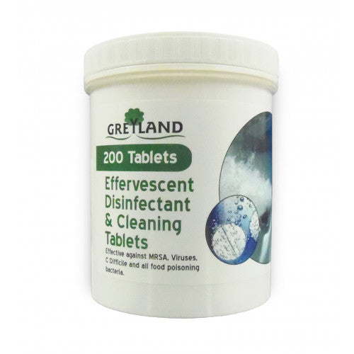 Container of GREYLAND effervescent disinfectant and cleaning tablets on a white background