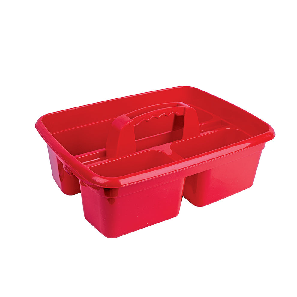 Red plastic tool carrier with handles on a white background